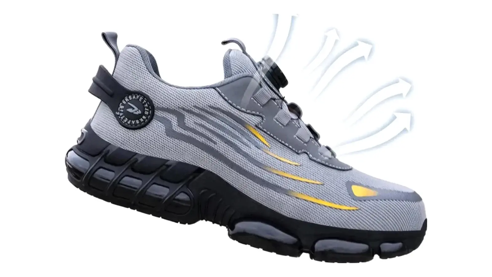 Zapatilla WorkArmor Dial-01 gris flotando, con flechas que indican la ventilación de la malla